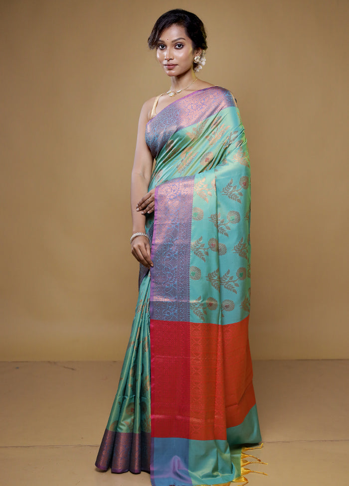 Green Dupion Silk Saree With Blouse Piece