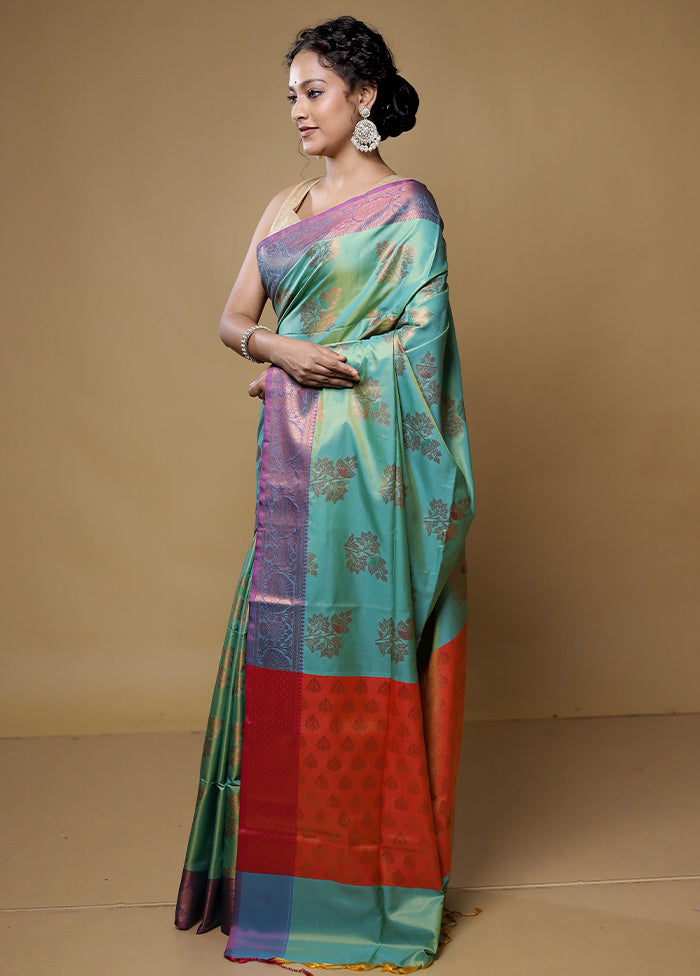 Green Dupion Silk Saree With Blouse Piece