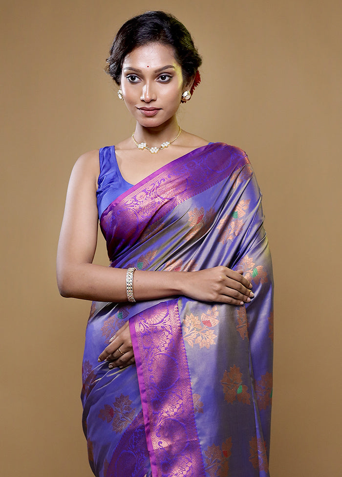 Blue Dupion Silk Saree With Blouse Piece