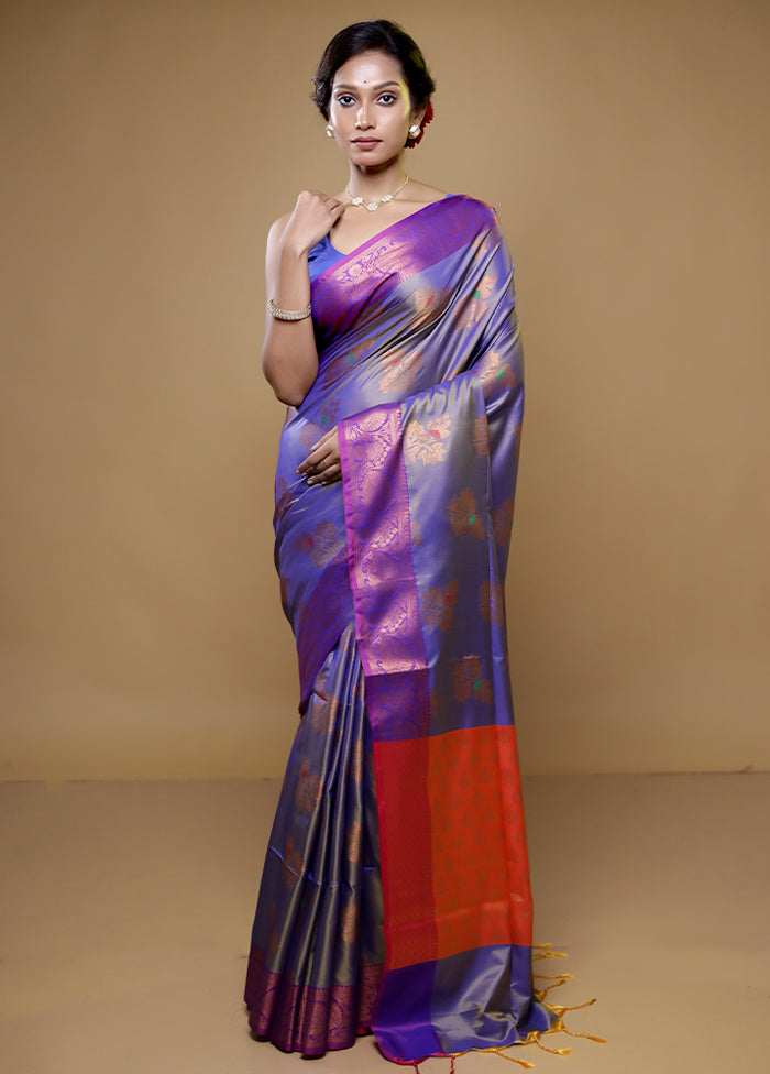 Blue Dupion Silk Saree With Blouse Piece