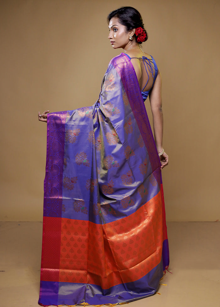 Blue Dupion Silk Saree With Blouse Piece