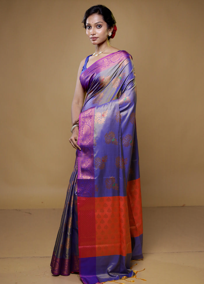 Blue Dupion Silk Saree With Blouse Piece