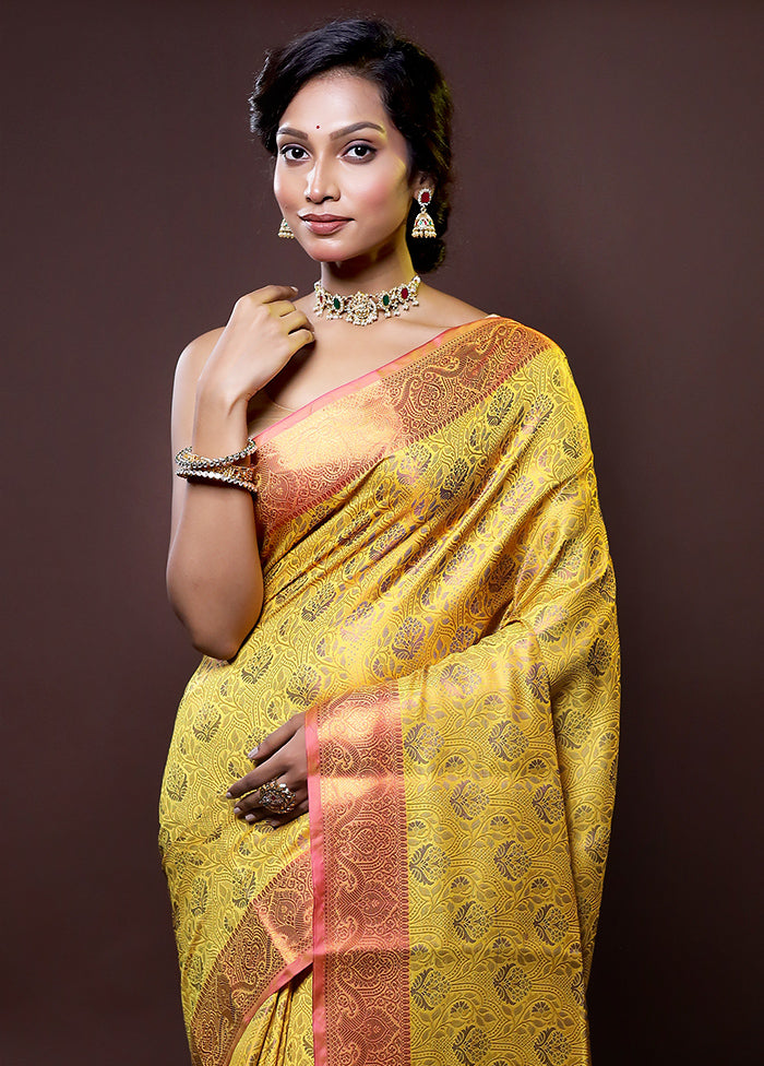 Yellow Dupion Silk Saree With Blouse Piece