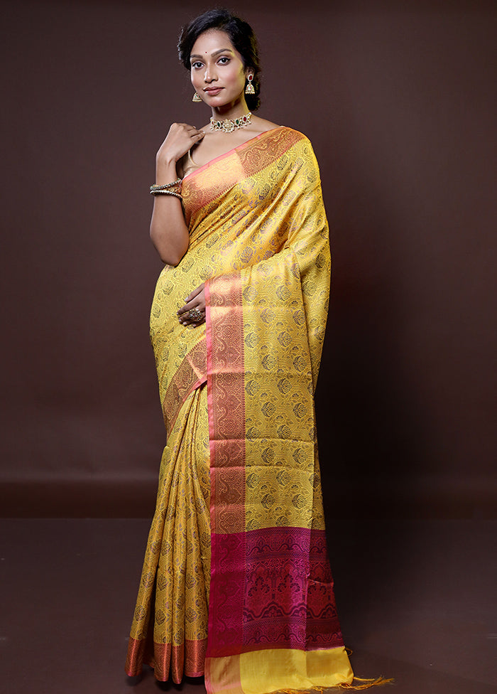 Yellow Dupion Silk Saree With Blouse Piece