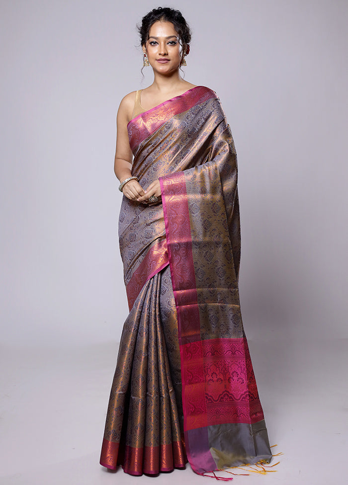 Grey Dupion Silk Saree With Blouse Piece