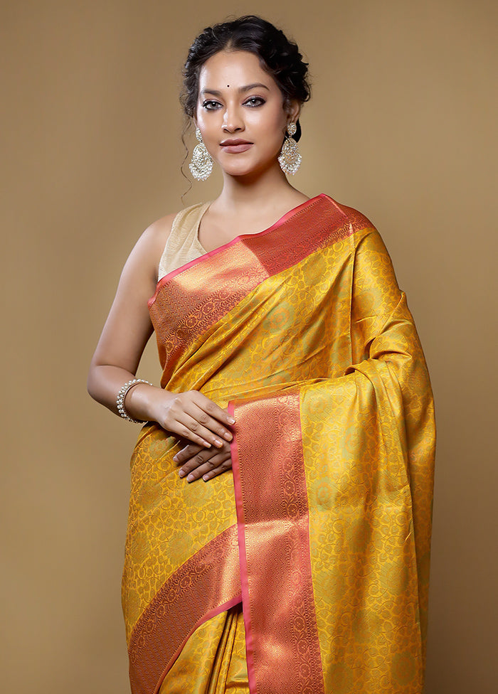 Yellow Dupion Silk Saree With Blouse Piece