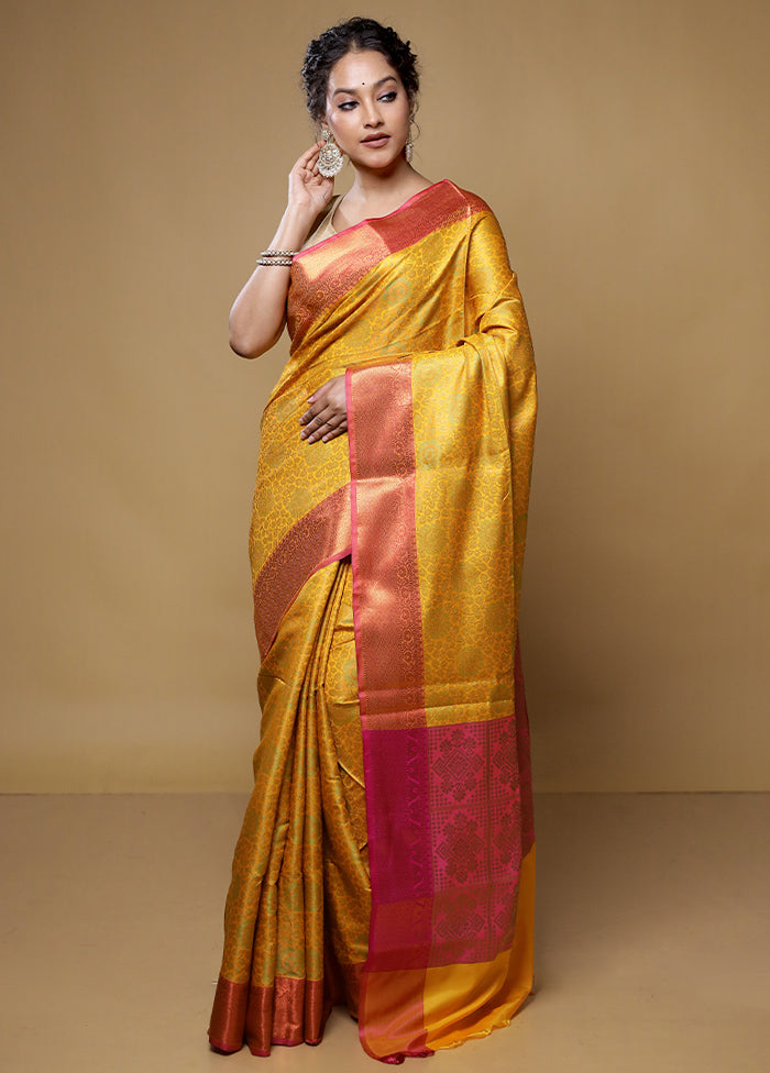 Yellow Dupion Silk Saree With Blouse Piece