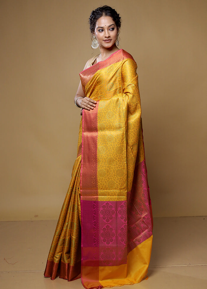 Yellow Dupion Silk Saree With Blouse Piece