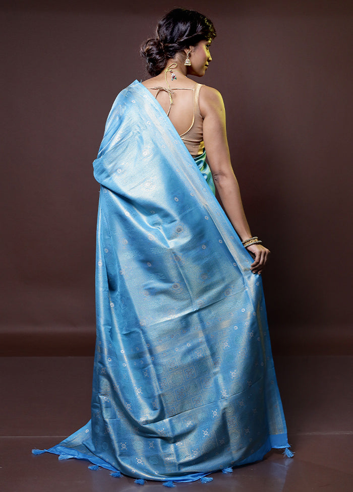 Blue Dupion Silk Saree With Blouse Piece