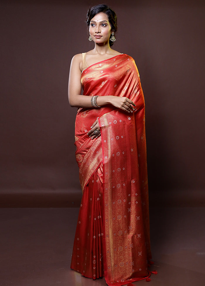 Red Dupion Silk Saree With Blouse Piece