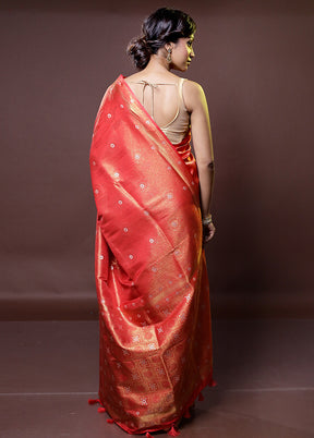 Red Dupion Silk Saree With Blouse Piece