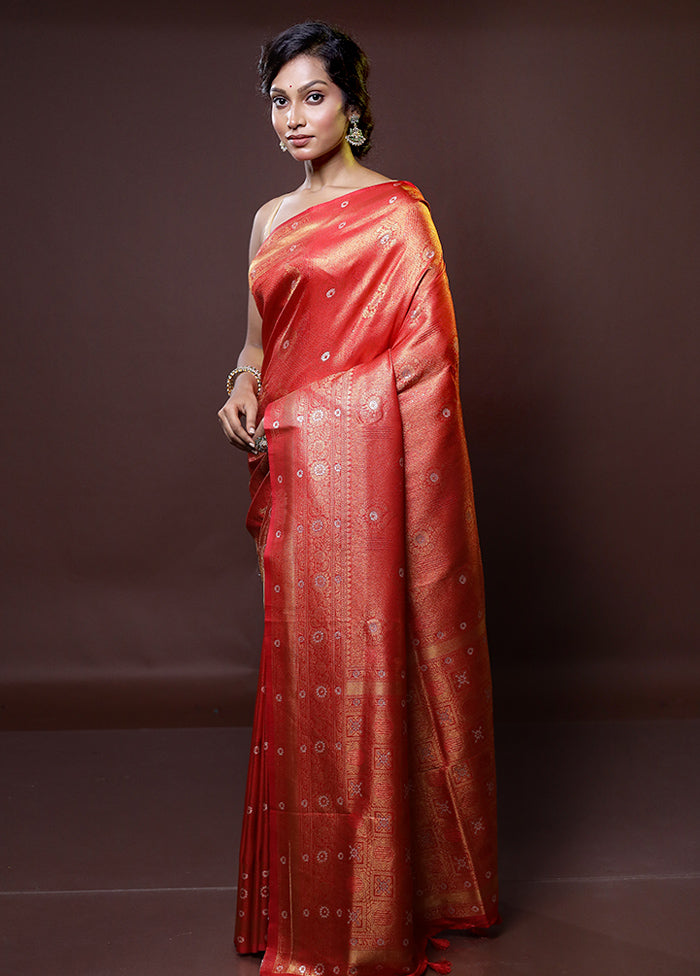 Red Dupion Silk Saree With Blouse Piece