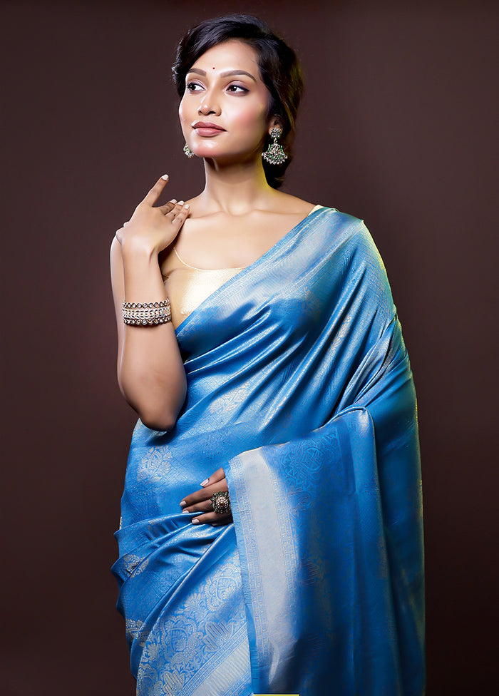 Blue Dupion Silk Saree With Blouse Piece