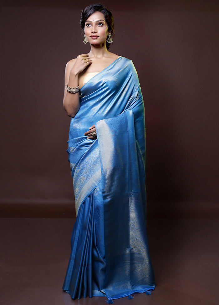 Blue Dupion Silk Saree With Blouse Piece