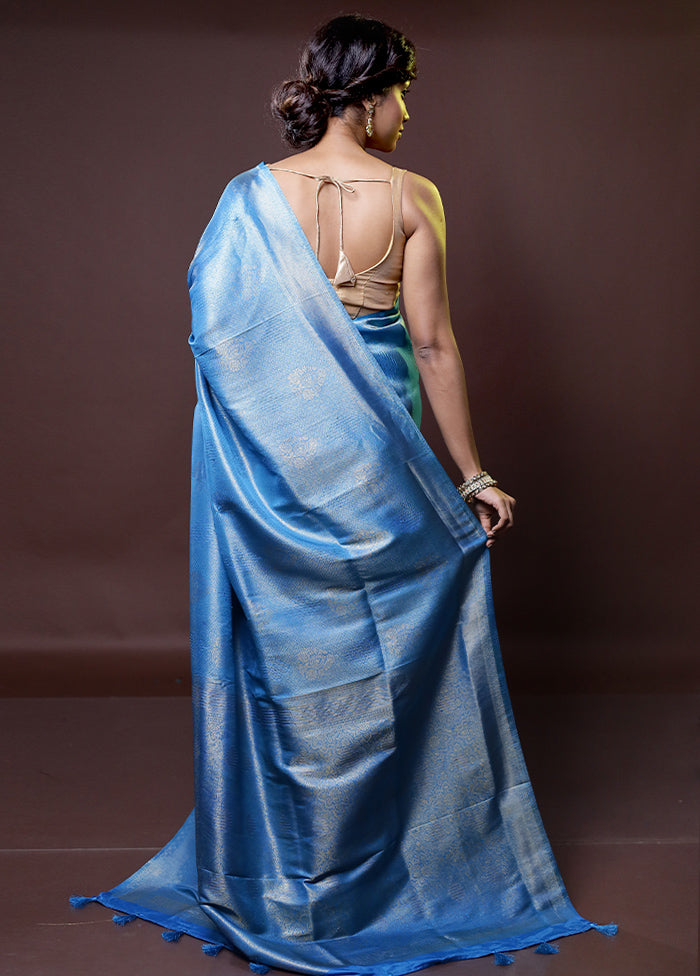 Blue Dupion Silk Saree With Blouse Piece