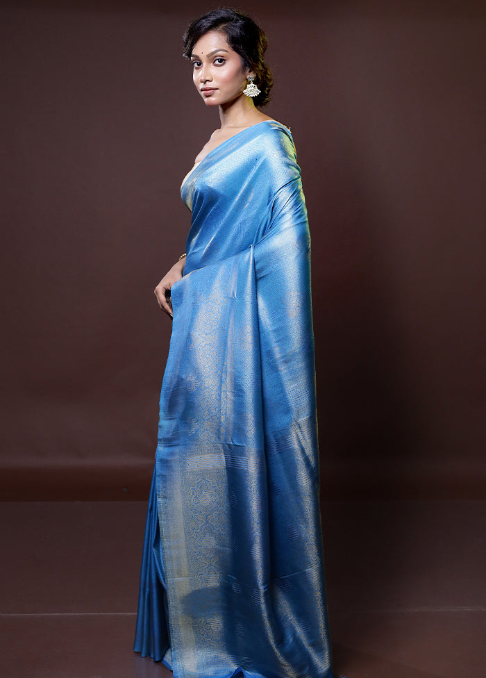 Blue Dupion Silk Saree With Blouse Piece