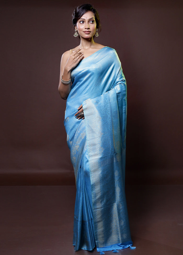 Blue Dupion Silk Saree With Blouse Piece