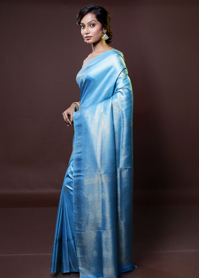 Blue Dupion Silk Saree With Blouse Piece