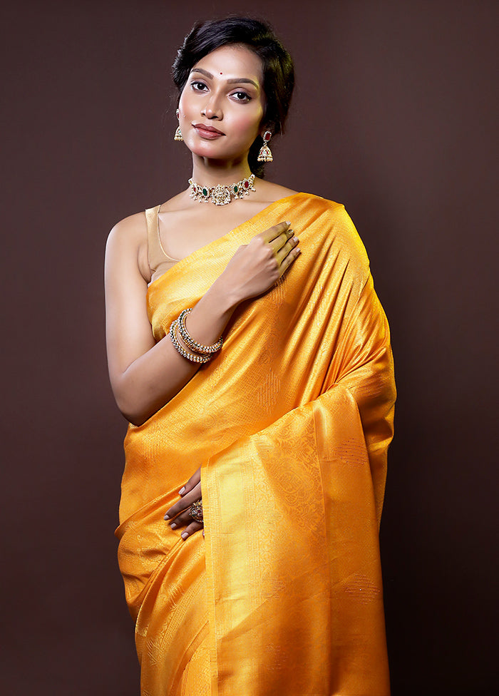 Yellow Dupion Silk Saree With Blouse Piece