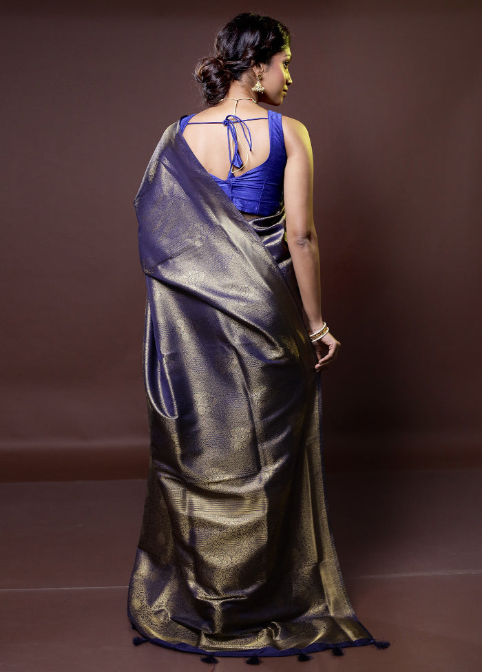 Blue Dupion Silk Saree With Blouse Piece