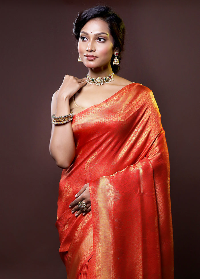 Red Dupion Silk Saree With Blouse Piece