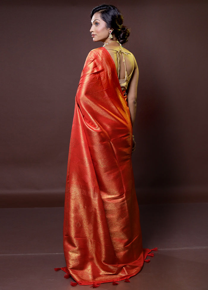 Red Dupion Silk Saree With Blouse Piece