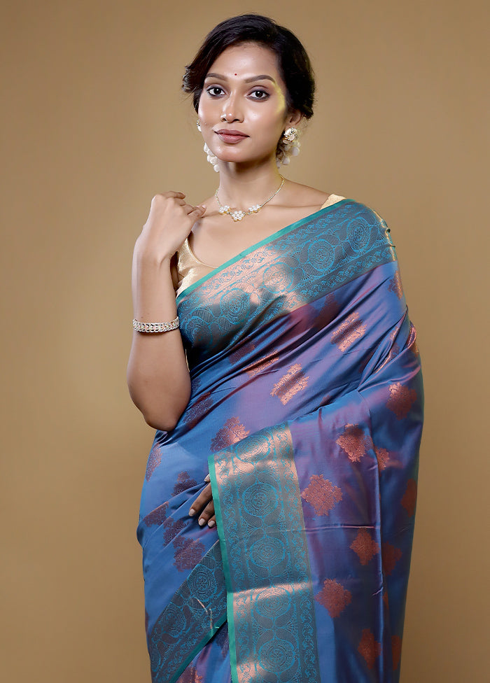 Blue Dupion Silk Saree With Blouse Piece