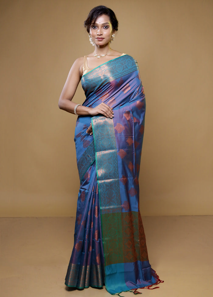 Blue Dupion Silk Saree With Blouse Piece