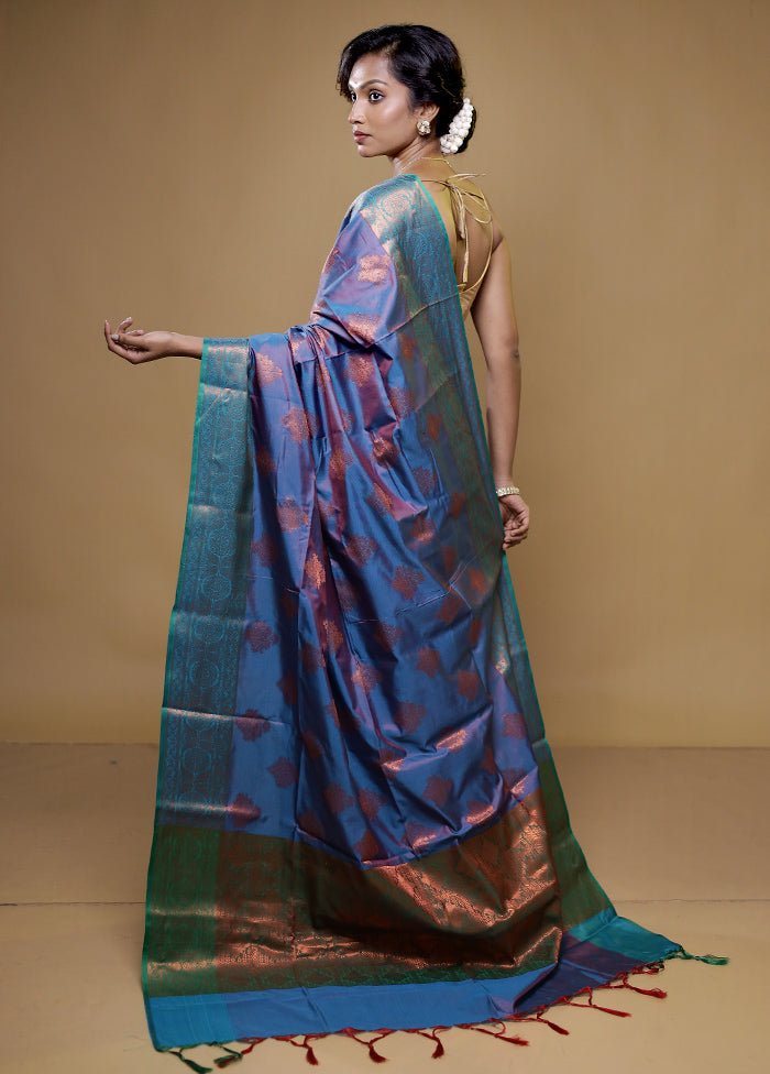 Blue Dupion Silk Saree With Blouse Piece