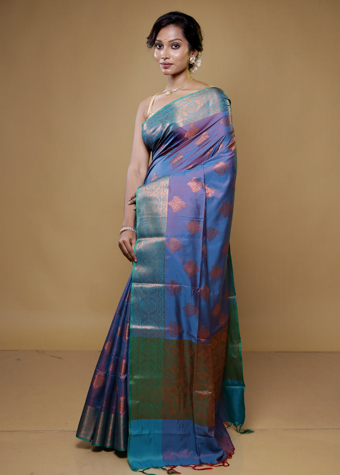 Blue Dupion Silk Saree With Blouse Piece