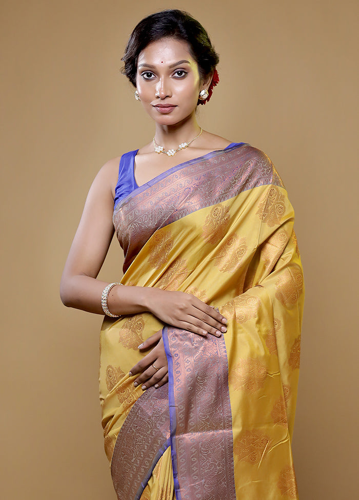 Yellow Dupion Silk Saree With Blouse Piece