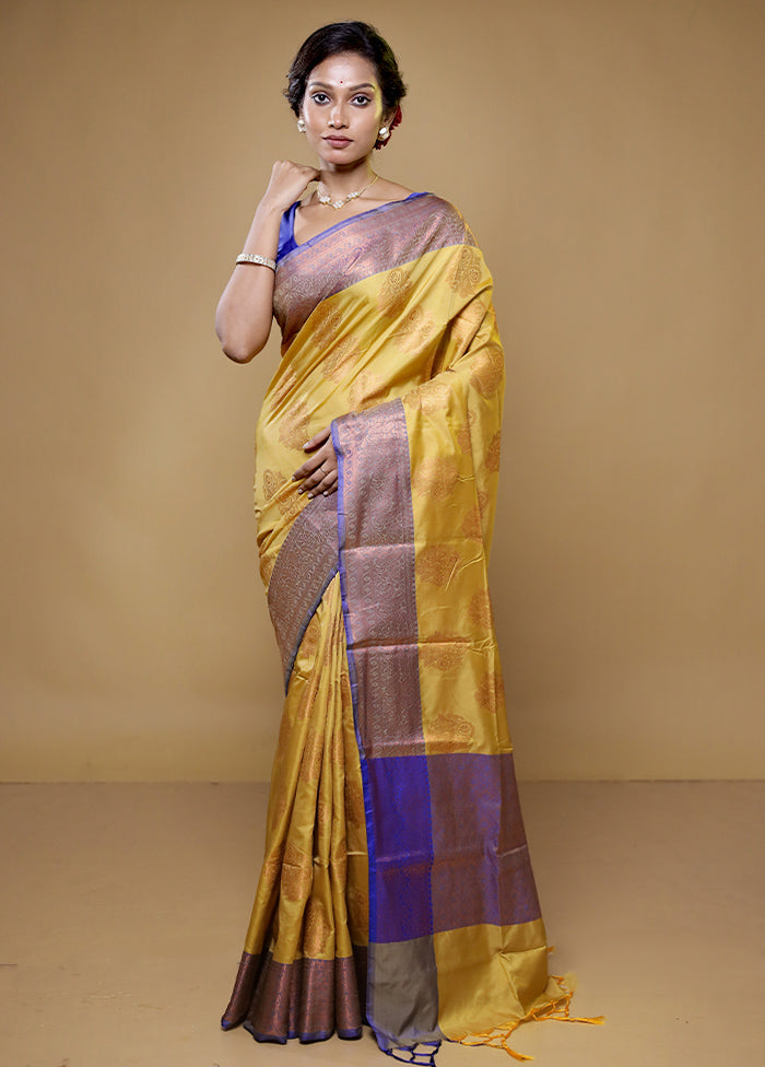 Yellow Dupion Silk Saree With Blouse Piece