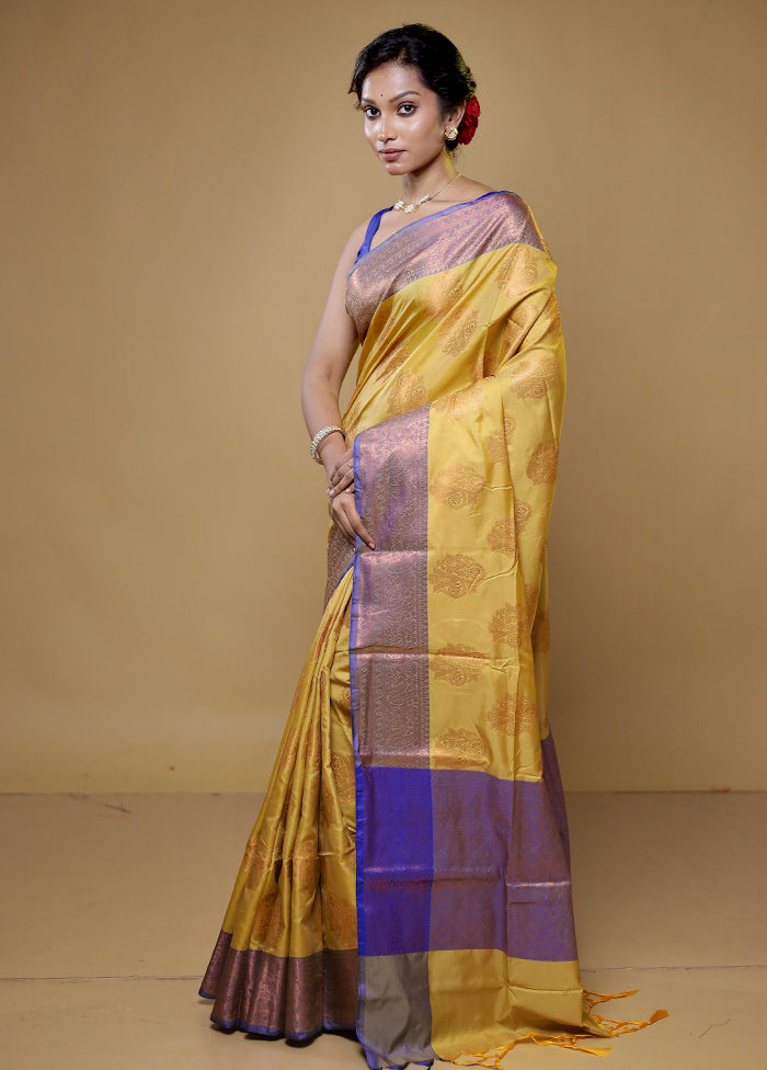 Yellow Dupion Silk Saree With Blouse Piece