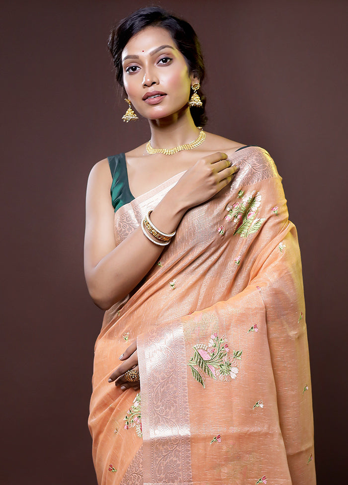 Peach Tissue Silk Saree With Blouse Piece