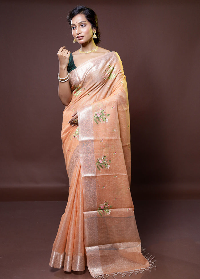 Peach Tissue Silk Saree With Blouse Piece