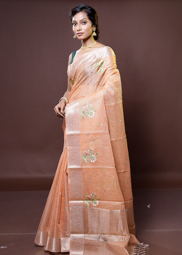 Peach Tissue Silk Saree With Blouse Piece