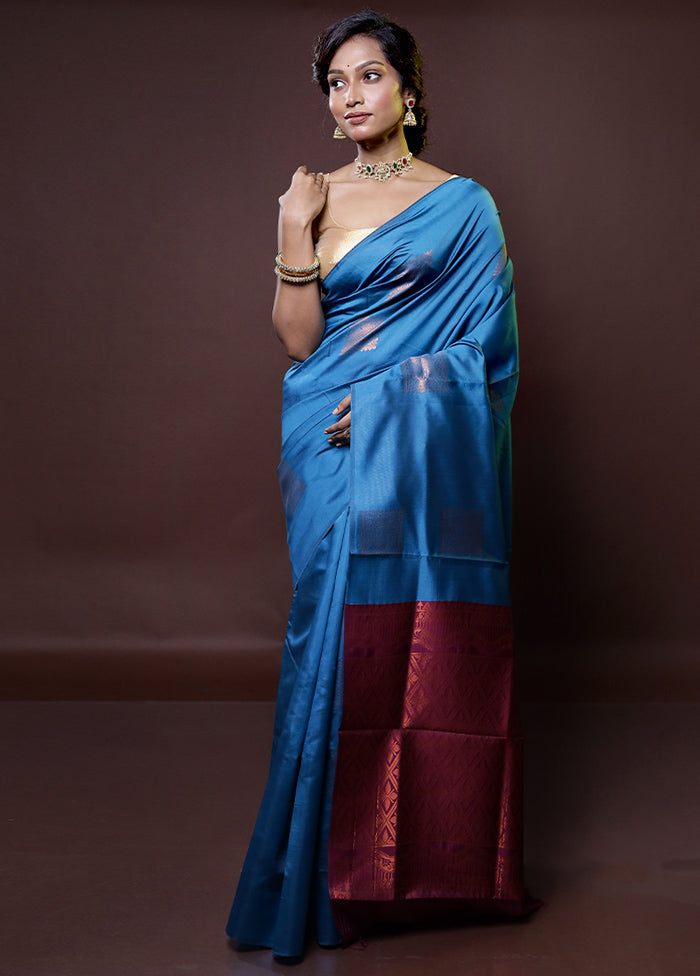 Blue Kanjivaram Silk Saree With Blouse Piece