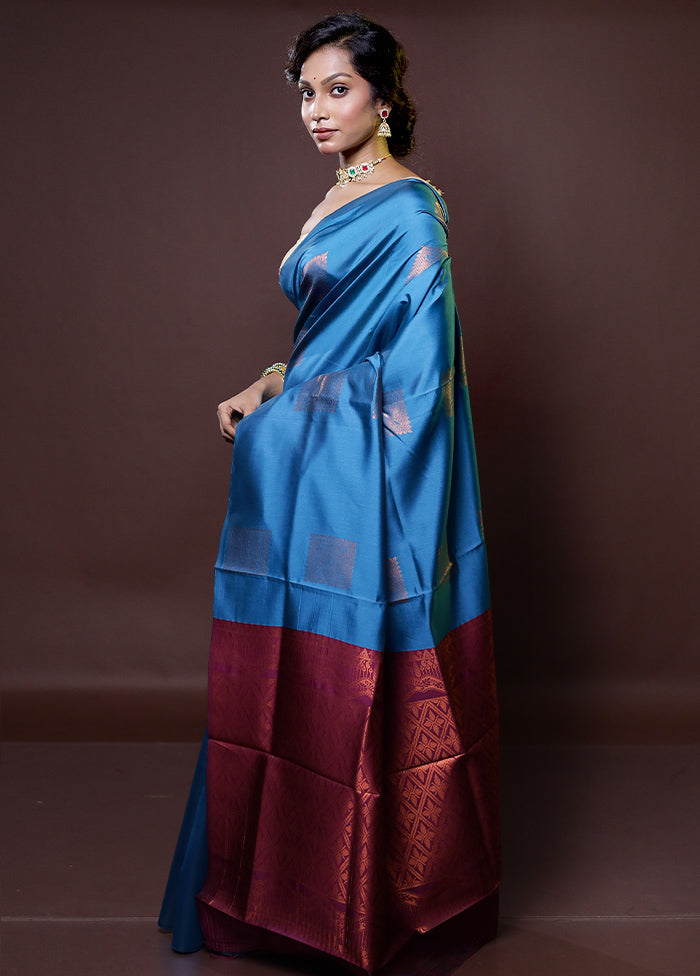 Blue Kanjivaram Silk Saree With Blouse Piece