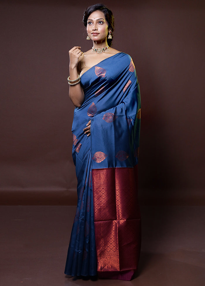 Blue Kanjivaram Silk Saree With Blouse Piece