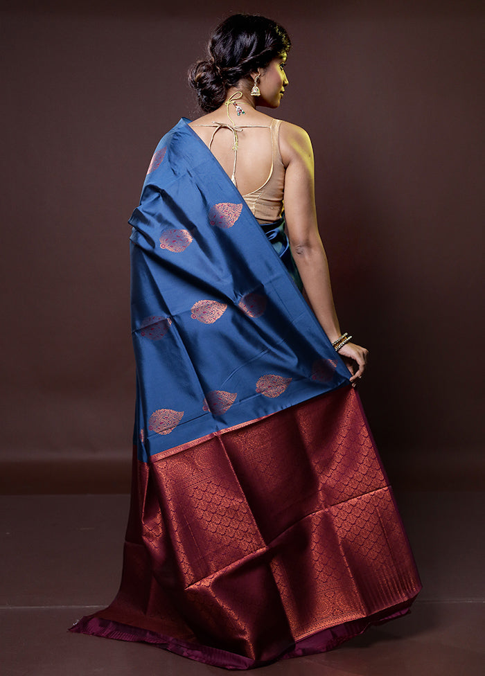 Blue Kanjivaram Silk Saree With Blouse Piece