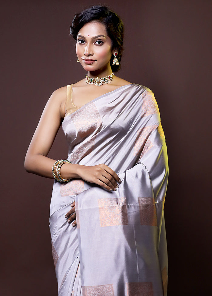 Grey Kanjivaram Silk Saree With Blouse Piece