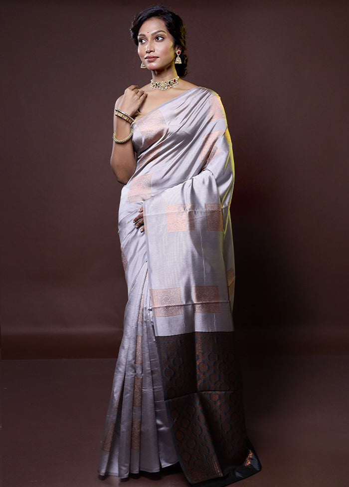 Grey Kanjivaram Silk Saree With Blouse Piece