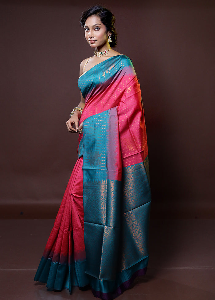 Pink Kanjivaram Silk Saree With Blouse Piece