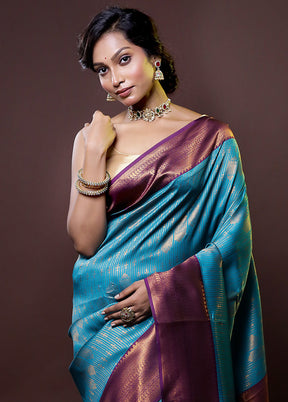 Blue Kanjivaram Silk Saree With Blouse Piece