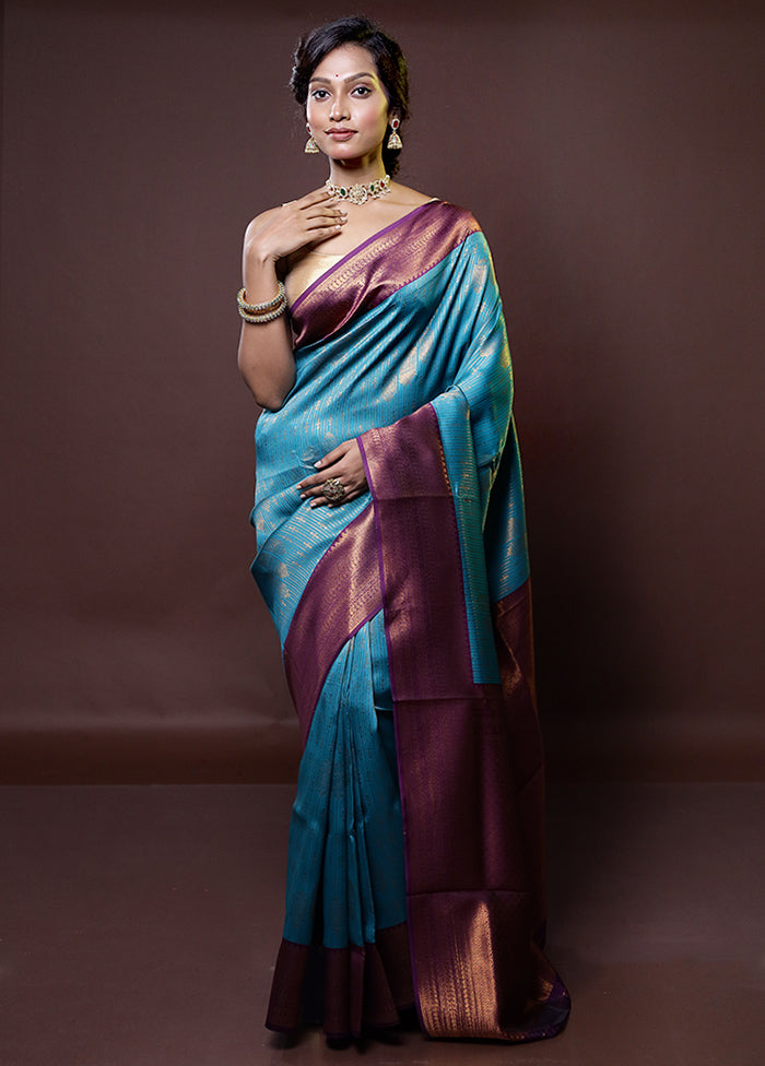 Blue Kanjivaram Silk Saree With Blouse Piece