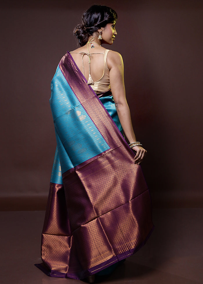 Blue Kanjivaram Silk Saree With Blouse Piece