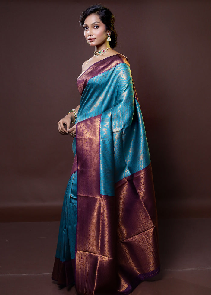 Blue Kanjivaram Silk Saree With Blouse Piece