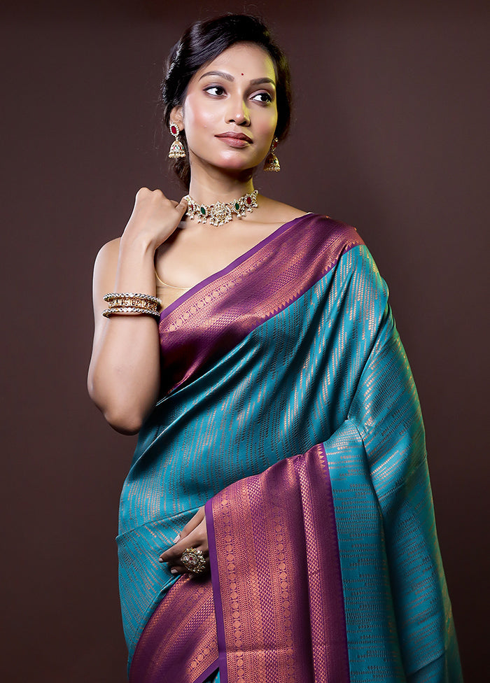 Blue Kanjivaram Silk Saree With Blouse Piece