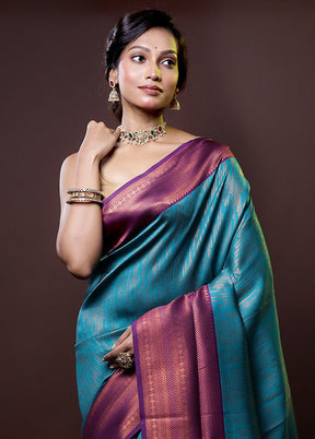 Blue Kanjivaram Silk Saree With Blouse Piece