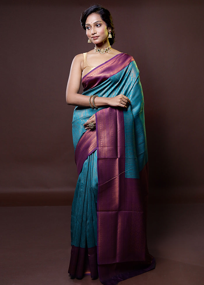 Blue Kanjivaram Silk Saree With Blouse Piece